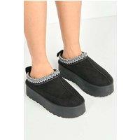Miss Diva Women's Astria Faux Fur Lining Knit Pattern Detail Flatform Slippers in Black | Size: 3