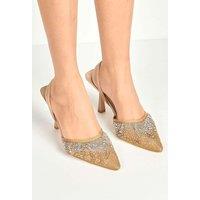 Miss Diva Women's Lenora Gemstone Embellished Mesh Slingback Court Shoes in Nude | Size: 6