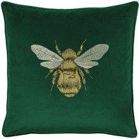 Paoletti Hortus Embroidered Bee Soft Velvet Pipe Trimmed Cushion in Emerald | Size: 50 cm x 50 cm