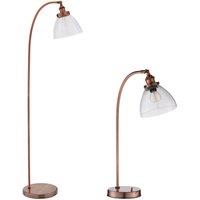 Loops Standing Floor & Table Lamp Set Aged Copper Glass Shade Retro Industrial Light
