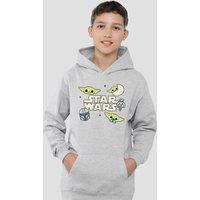 Disney Star Wars The Mandalorian Grogu Badges Youth Kids Pull-Over Hoodie, Athletic Heather in Grey | Size: 5-6 Years