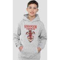 Stranger Things Hellfire Heart Youth Kids Pull-Over Hoodie, Athletic Heather in Grey | Size: 9-11 Years