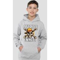 One Piece Jolly Roger Youth Kids Pull-Over Hoodie, Athletic Heather in Grey | Size: 5-6 Years