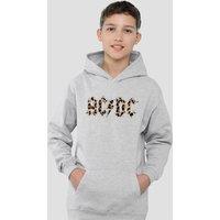 AC/DC ACDC Leopard Print Youth Kids Pull-Over Hoodie, Athletic Heather in Grey | Size: 7-8 Years