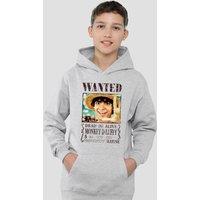 One Piece Luffy Wanted Poster Youth Kids Pull-Over Hoodie, Athletic Heather in Grey | Size: 9-11 Years