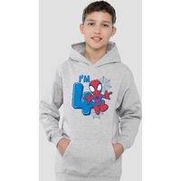 Marvel Spiderman Cute Spidey Birthday 4 Youth Kids Pull-Over Hoodie, Athletic Heather in Grey | Size: 9-11 Years