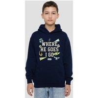 Star Wars - The Mandalorian Star Wars The Mandalorian Grogu Where He Goes Badges Youth Kids Pull-Over Hoodie, Navy | Size: 7-8 Years