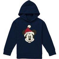 Disney Mickey Mouse Santa Face Youth Kids Pull-Over Hoodie, Navy | Size: 9-11 Years