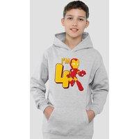 Marvel Iron Man Cute Birthday 4 Youth Kids Pull-Over Hoodie, Athletic Heather in Grey | Size: 12-13 Years
