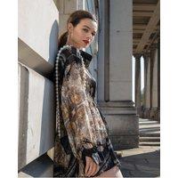 CY Women's Black & Gold Scarf Print Mini Shirt Dress