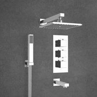 Nes Home Lilly Chrome 3 Dial 3 Way Square Concealed Thermostatic Mixer Valve Square Handset Bath Filler & Square Shower Head in Silver