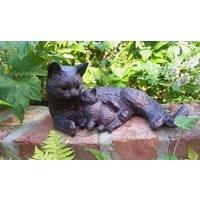 Inspirational Gifting Cat & Kitten Sculpture Figurine - Mother Cat Cuddling Baby Kitten in Bronze