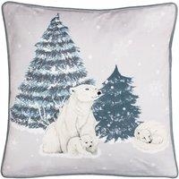 Furn Arcticus Polar Bear Festive Printed Piped Fleece Reverse Cushion in Blue | Size: 45 cm x 45 cm