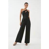 MissPap Women's Satin One Shoulder Key Hole Jumpsuit in Black | Size: 14