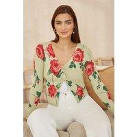 Green Rose Print Cardigan With Tie Front