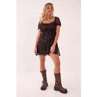 NastyGal Women's Floral Lace Insert Ribbon Puff Sleeve Mini Dress in Black | Size: 6