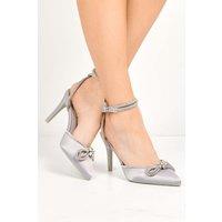 Miss Diva Women's Natalie Satin Pointed Toe Diamante Bow & Strap Court Shoes Heels in Silver | Size: 7