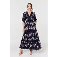 Izabel London Women's Floral Lace Tiered 3/4 Sleeve Maxi Dress in Blue | Size: 10