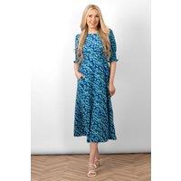 Sarta Women's Blue Leopard Print Midi Tea Dress | Size: Large