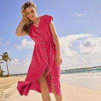 Lands' End Women's Plus Pleated Linen Midi Dress in Pink | Size: 16-18