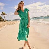 Lands' End Women's Plus Pleated Linen Midi Dress in Bright Green | Size: 20