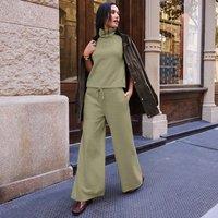 Lands' End Women's Soft Brushed Jersey Wide Leg Trousers in Green | Size: 14-16R