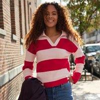 Lands' End Women's Johnny Collar Rugby Stripe Jumper in Peach | Size: 20