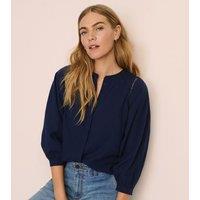 Lands' End Women's Linen Blend Lace Detail Blouse in Navy | Size: 14-16