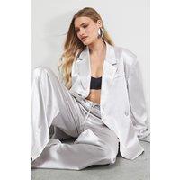 Warehouse Women's Oversized High Shine Satin Blazer Co-ord in Silver | Size: 10