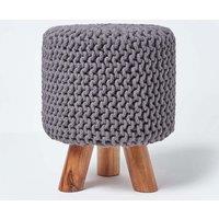 Homescapes Tall Cotton Knitted Footstool on Legs in Grey