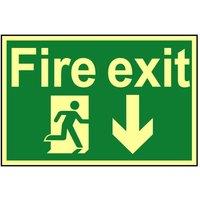 Scan Fire Exit Running Man Arrow Down - Photoluminescent 300 X 200mm