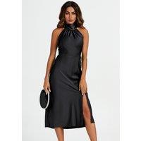 FS Collection Women's Satin Halter Neck Tie Back Cut Detail Split Midi Dress In Black | Size: XL