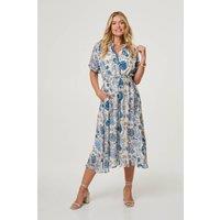 Izabel London Women's Floral Lace Trim Tie Waist Midi Dress in Blue | Size: 8