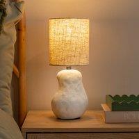 ValueLights Mae Natural Linen Shade White Abstract Sandblast Ceramic Table Lamp & LED Bulb