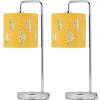 First Choice Lighting Set of 2 Arched Table Lamps with Ochre Fern Cut Out Shades in Silver