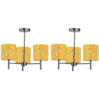 First Choice Lighting Set of 2 Brea - Antique Brass 3 Light Fittings with Ochre Fern Shades in Gold