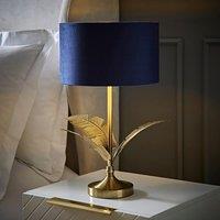 ValueLights Christina Velvet with Gold Inner Drum Shade Gold Palm Leaf Table Lamp with Bulb in Navy