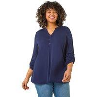 Roman Women's Curve Buttoned Stretch Top in Navy | Size: 20