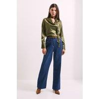 Principles Women's Cowl Tie Neck Satin Jacquard Blouse in Olive | Size: 16