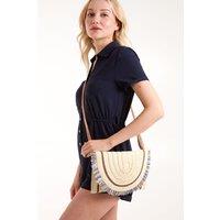 Blue Vanilla Women's Woven Fringe Detail Clutch Bag With Attachable Strap in Stone