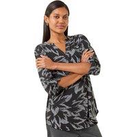 Roman Women's Leaf Puff Print Button Front 3/4 SleeveTop in Black | Size: 16