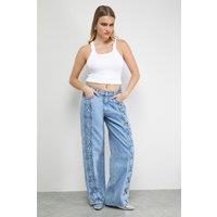 Warehouse Women's Tony Low Waist Lace Up Wide Jean in Mid Blue | Size: 8