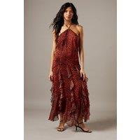 Warehouse Women's Chiffon Halter Tendril Ruffle Midi Dress in Animal | Size: 12
