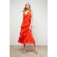 Oasis Women's Dobby Ruffle V Neck Tiered Midi Dress in Orange | Size: 14