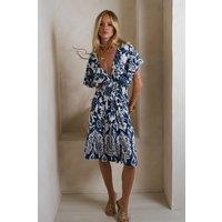 HOXTON GAL Women's Oversized Floral V-Neck Boho Style Smocked Mini Dress in Navy