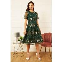 Yumi Women's Green Embroidered Floral Skater Dress | Size: 26