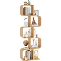 Gymax 5-TierS-Shaped Bookcase, Bamboo Bookshelf With 5 Open Cubes-Natural in Light Khaki