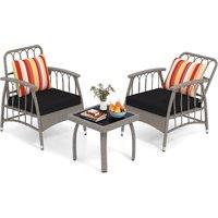 Costway 3 PCS Patio PE Wicker Furniture Set Garden Coffee Table & Armchairs in Grey