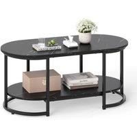 Gymax Marble Coffee Table Modern 2-Tier Center Table With Shelf in Black