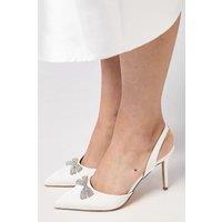 Coast Women's Bridal Scarlett Satin Diamante Bow Brooch Slingback High Stiletto Heel Court Shoes in White | Size: 5